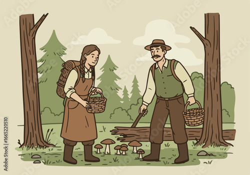 Couple picking mushrooms in a forest, with trees. Possible Use educational material