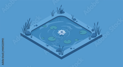 Isometric lily pond design, water lilies bloom, reeds and stones dot the rim, for 3D art