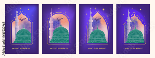 Printmawlid al Nabi Islamic vector art showing the Green Dome and minaret of Al-Masjid an-Nabawi on a purple sky, representing Mawlid al-Nabawi celebration and festive greeting designs.