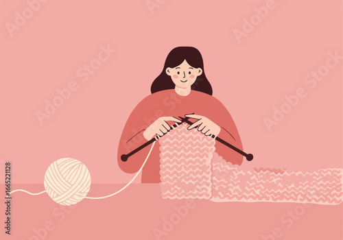 Woman knitting with needles, with wool ball. Hobbies, leisure, pink background