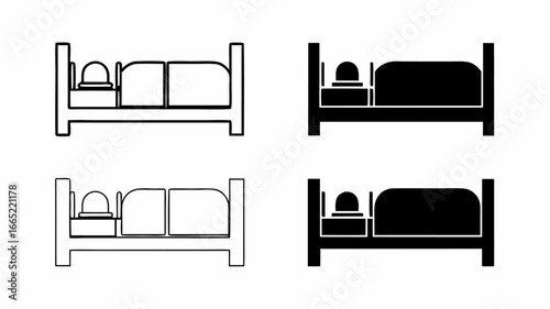 Illustration of four beds with headboards and bedside tables in black and white outline style design 100 | editable eps vectors silhouette