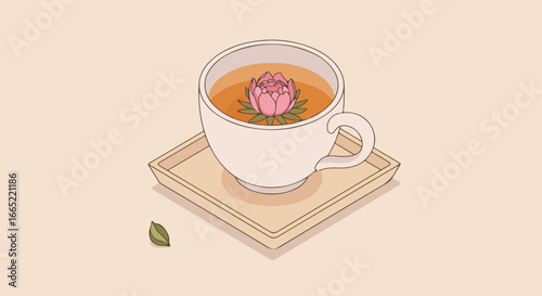 Flower steeping in tea, placed on tray in minimalist setting. Use Wellness, recipes
