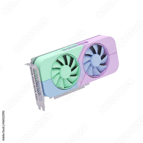 Modern computer graphics card with dual fans in pastel colors isolated on transparent background