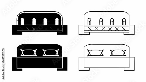 Illustration showing two different bed designs in black and white with detailed headboards and pillows | editable eps vectors silhouette
