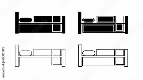 Illustration showing four different styles of beds with pillows and bedside tables design variations | editable eps vectors silhouette