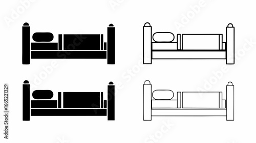 Four beds arranged in a square pattern with two in black and two in outline style on a white background | editable eps vectors silhouette