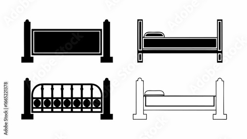 Four different bed designs in black and white showcasing various styles and construction techniques used | editable eps vectors silhouette