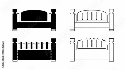 Four beds with different headboard styles shown in black and white line art in a graphic illustration | editable eps vectors silhouette
