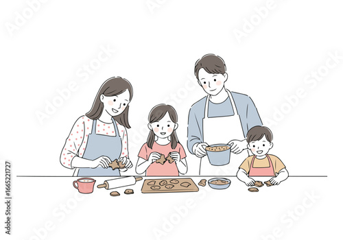 Cartoon Family baking cookies at kitchen counter, cookies in background, simple use