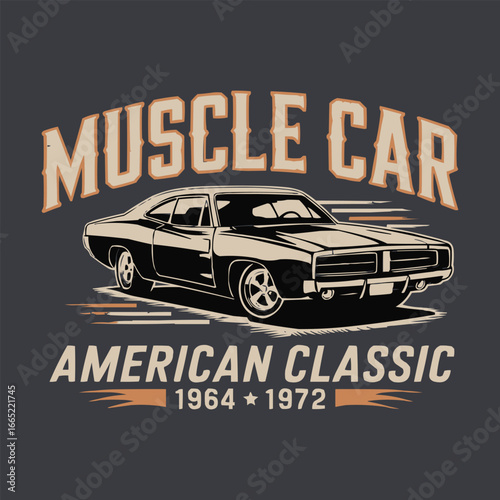 Retro American muscle car vector illustration 1960s 1970s classic automobile artwork for vintage t shirt design and print
