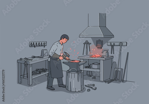 Blacksmith hammering metal on anvil in workshop with sparks flying on tools backdrop