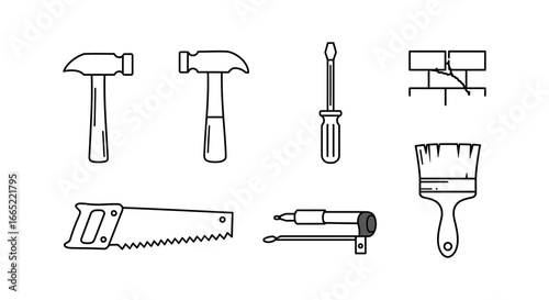 A collection of basic hand tools for carpentry and home improvement projects