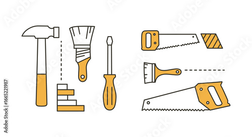 Collection of hand tools for carpentry and woodworking on a white background