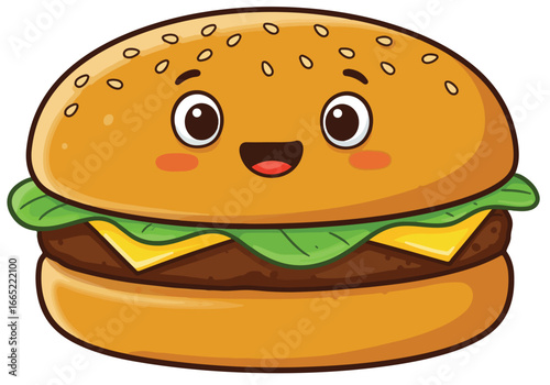 Animated Hamburger Smiling on a White Background. Use for menu, children's book