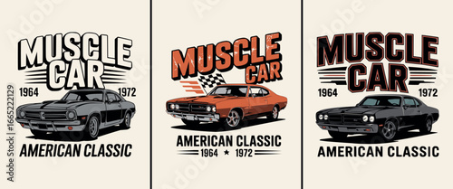 Classic American muscle car vintage vector illustration 1960s 1970s retro automobile artwork for t shirt design and print