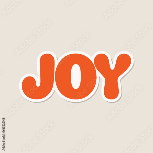 The word joy is displayed in big, bold, orange bubble letters with a white outline, creating a cheerful and playful sticker design isolated on white background