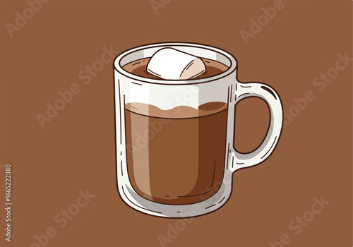 Hot Chocolate with Marshmallow in Glass Cup on Solid Background. Illustration