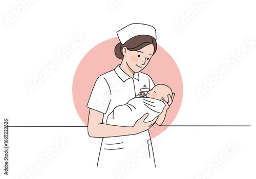 Nurse holding newborn baby with circle backdrop for hospital brochure