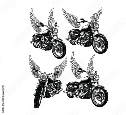 Black and white illustration of four custom motorcycles with angel wings in woodcut style featuring detailed chrome and vintage biker design