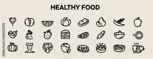 Diverse collection of healthy food icons representing nutrition and wellness lifestyle choices and dietary variety in minimalistic design