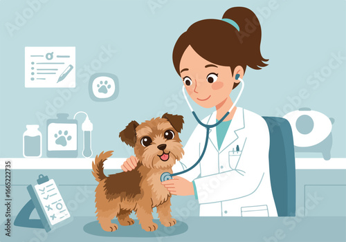 Veterinarian checks cute dog in clinic, health info, & equipment in background