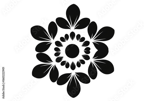 Black Floral Mandala Snowflake Design Symmetric Geometric Pattern Elegant Decorative Art Isolated on White Background