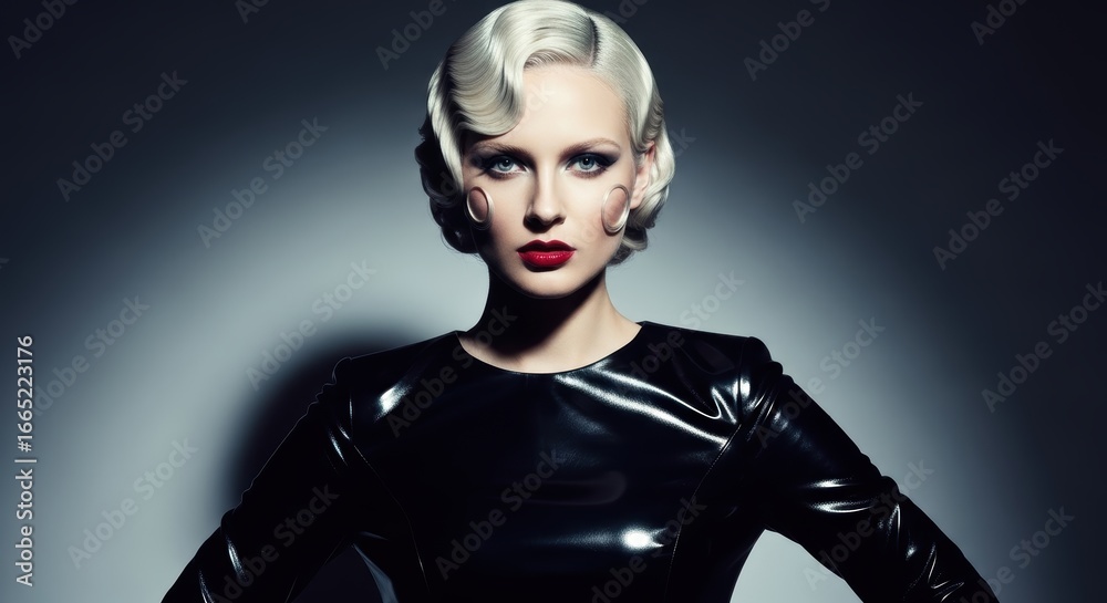 Naklejka premium Glamorous young caucasian female in vintage black leather fashion with retro waves and red lips