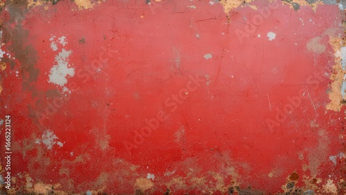 Weathered red metal surface with peeling paint and rust texture background