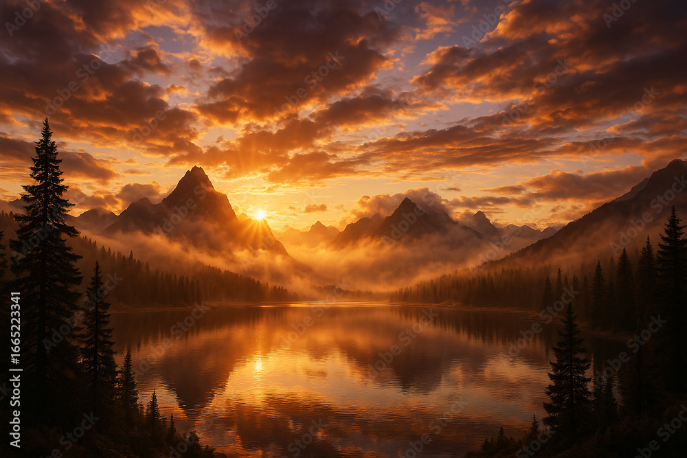 Fototapeta premium Sunrise Over Misty Mountains