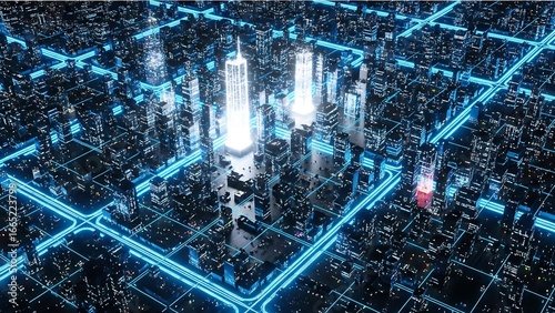 An aerial view of a futuristic city with glowing blue data streams connecting buildings, symbolizing a smart and connected urban network.