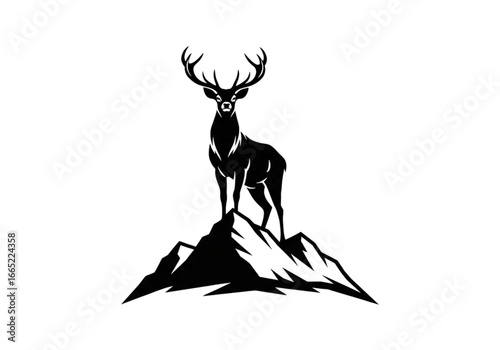 Majestic Stag on Mountain Peak Black and White Silhouette Logo - Symbol of Strength and Nature