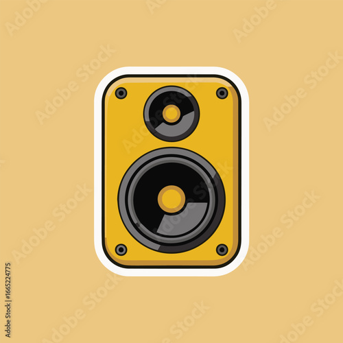 Illustration of a speaker sticker, an audio device for music and sound, featuring a woofer and tweeter, perfect for stereo systems, parties, and dj setups on yellow background