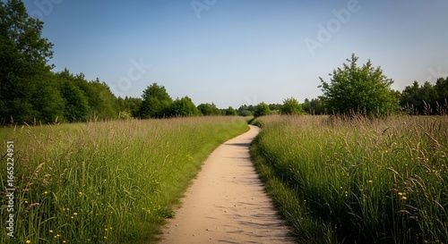 Fototapeta Naklejka Na Ścianę i Meble -  Winding dirt path through a sunlit green meadow on a beautiful summer day.