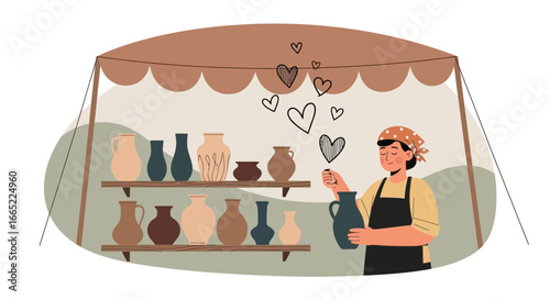 A charming pottery vendor displays her handcrafted ceramics at a local art fair