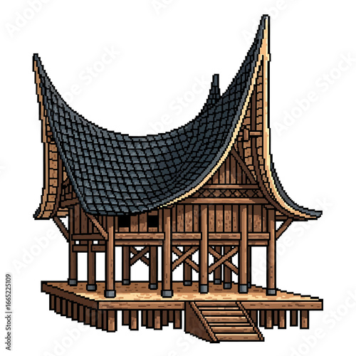 A pixel art illustration of a traditional wooden house with a distinctive curved roof, elevated on stilts.
