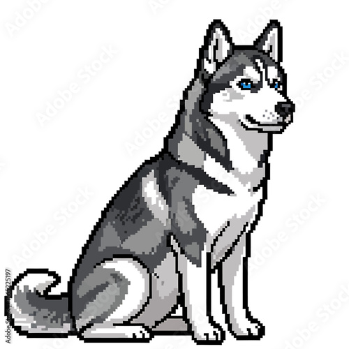 Pixel art illustration of a seated husky dog with striking blue eyes.