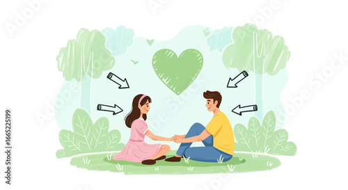 A couple in love sitting in a park with a heart symbol expressing feelings and affection