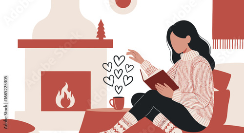 A cozy scene illustration depicting a woman reading by the fireplace with love and warmth  perfect