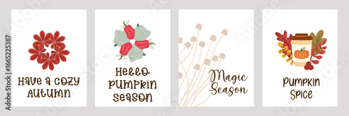 Set of autumn-themed vector cards featuring maple leaves, gourds, mushrooms, and a pumpkin spice latte with cozy seasonal typography