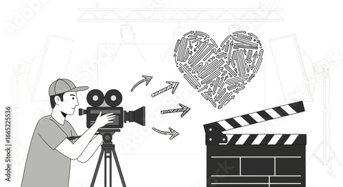 A depiction of film making with love, camera, arrows and film clapper in monochrome art style