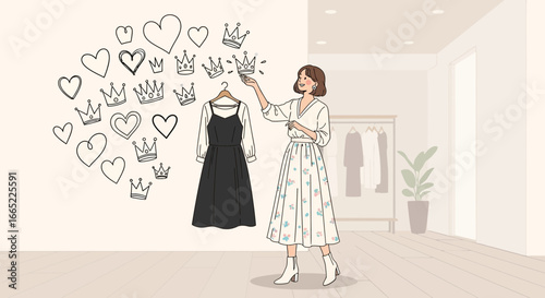 A fashion-forward woman selects a stylish dress amidst a whimsical display of hearts and crowns in