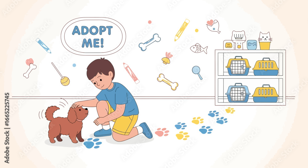 Obraz premium A heartwarming cartoon illustration of a boy adopting a dog in a pet adoption center