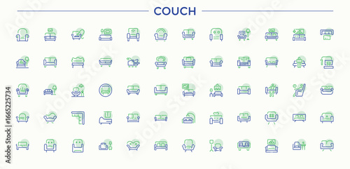 Couch colorful line icon set. Included cupboard, bedroom, side, graphic, bathroom and more. Minimal thin line web icons set. Cupboard icon set in linear style. Pixel perfect. Vector illustration.