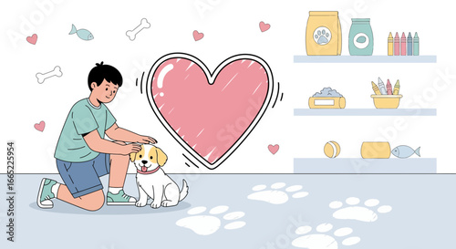 A loving boy and his puppy: A heart warming illustration of pet ownership
