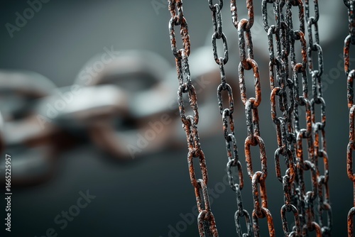 Steel chains in the foreground with diffuse chain in the background.
