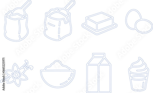 Baking Ingredient Outline Set with Flour Sugar Vanilla Milk Eggs and Butter