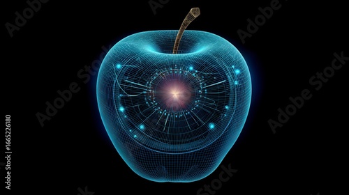 Futuristic digital apple wireframe with glowing blue light and central energy core on black background representing technology innovation in education or computing