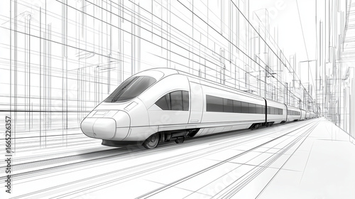 Sleek high speed train moves through futuristic cityscape, showcasing modern architecture and dynamic lines. design emphasizes