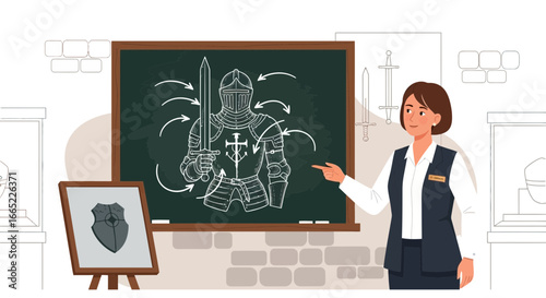 A museum curator explaining the details of a knight's armor with a chalkboard illustration and
