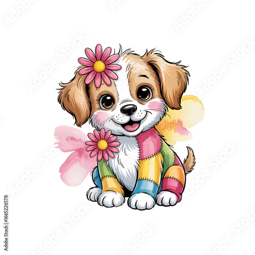 Adorable Cartoon Puppy in Colorful Clothes with Flowers and Watercolor Background
